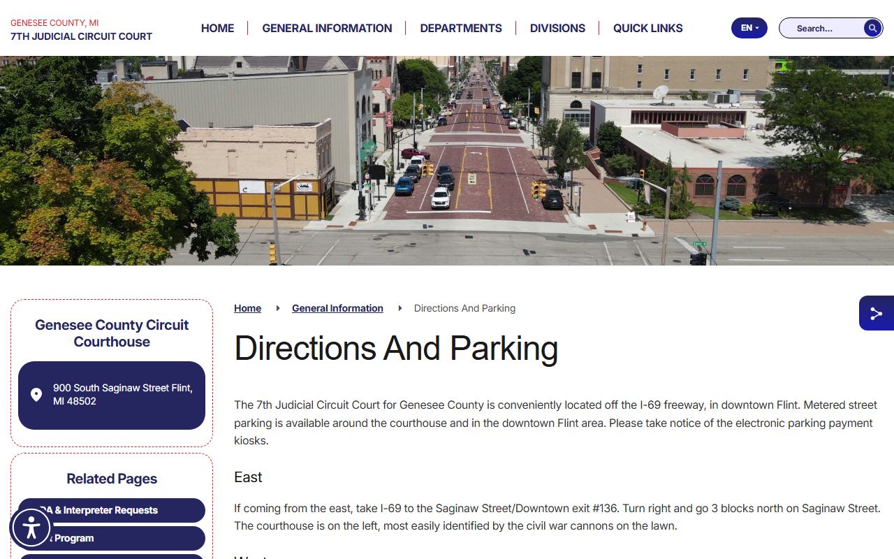 Genesee County 7th Circuit Court directions and parking page