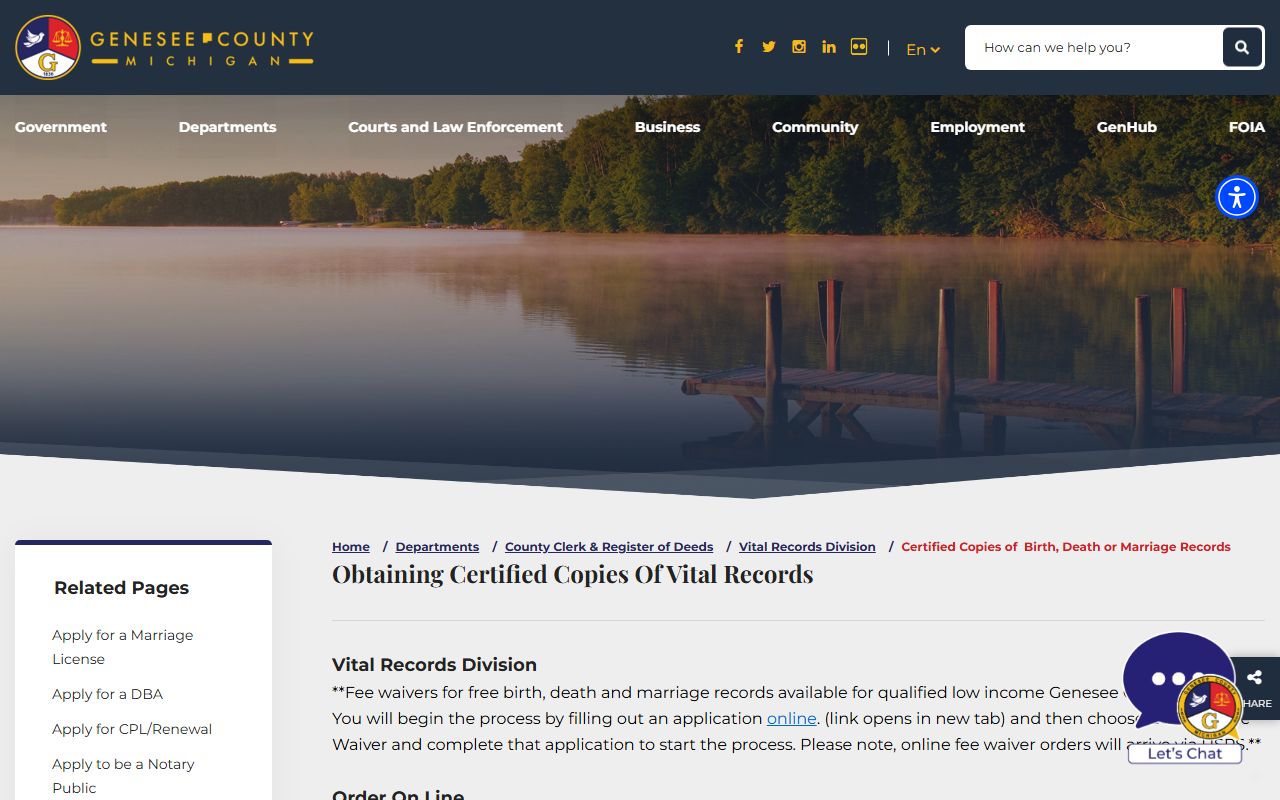Genesee County Clerk certified copy request page for vital records