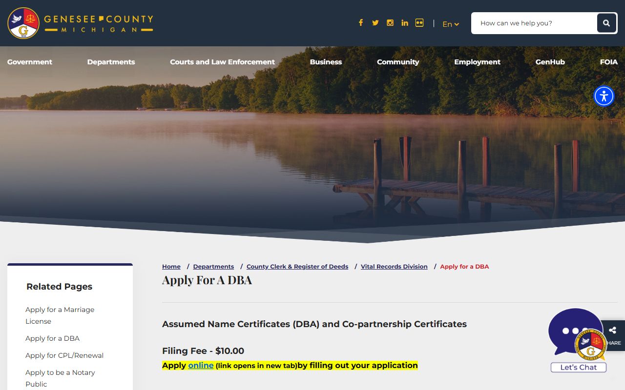 Genesee County Clerk assumed name DBA application page
