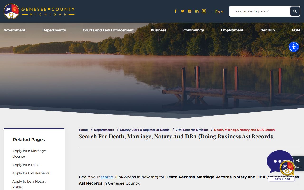 Genesee County Clerk death, marriage, and DBA record search page