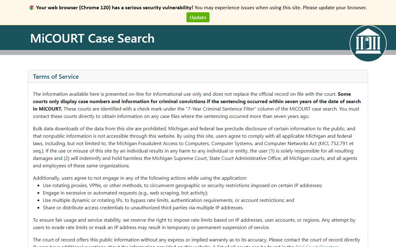 Genesee County court dockets search on the MiCOURT public case-search page
