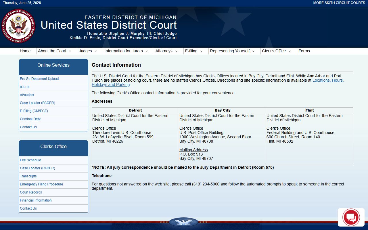 Genesee County federal court records Eastern District contact page