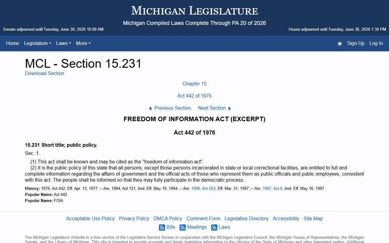 Genesee County court records public access statute under Michigan FOIA