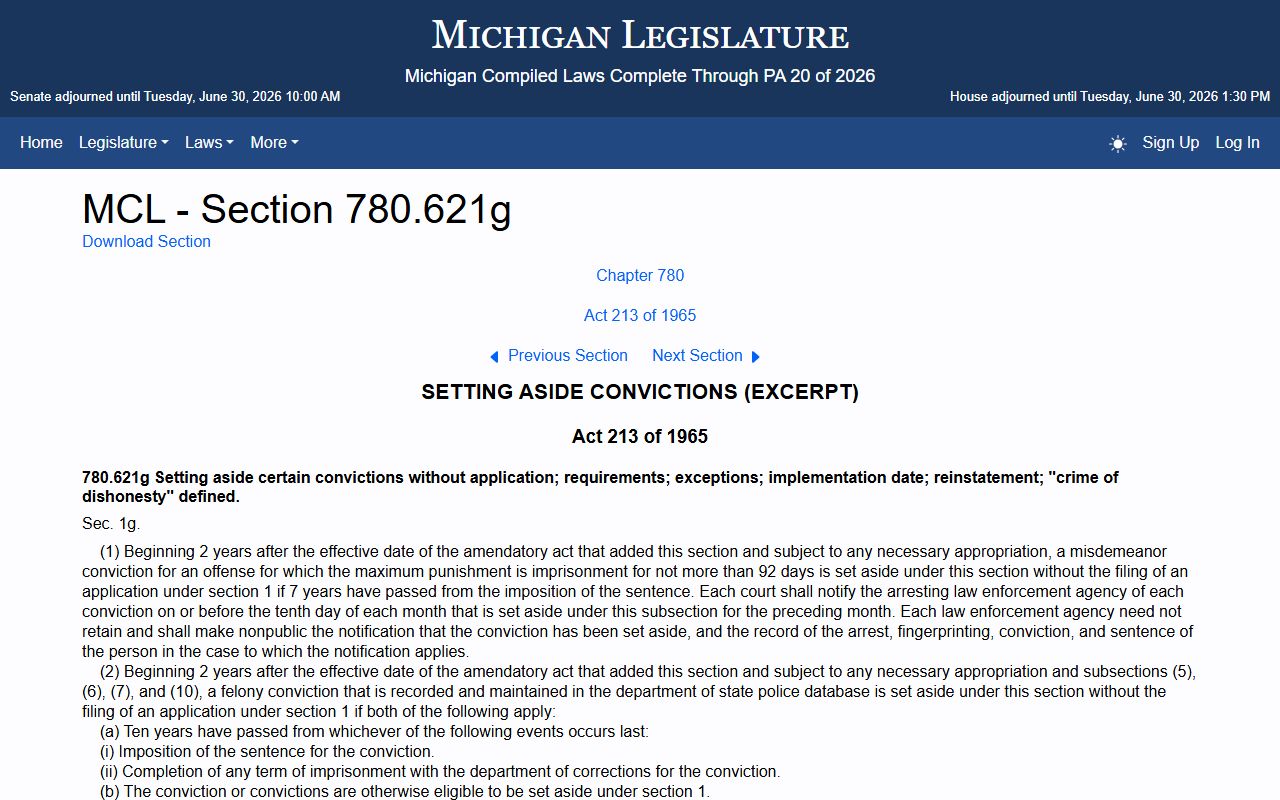 Michigan automatic set-aside statute section 621g for Genesee County criminal records