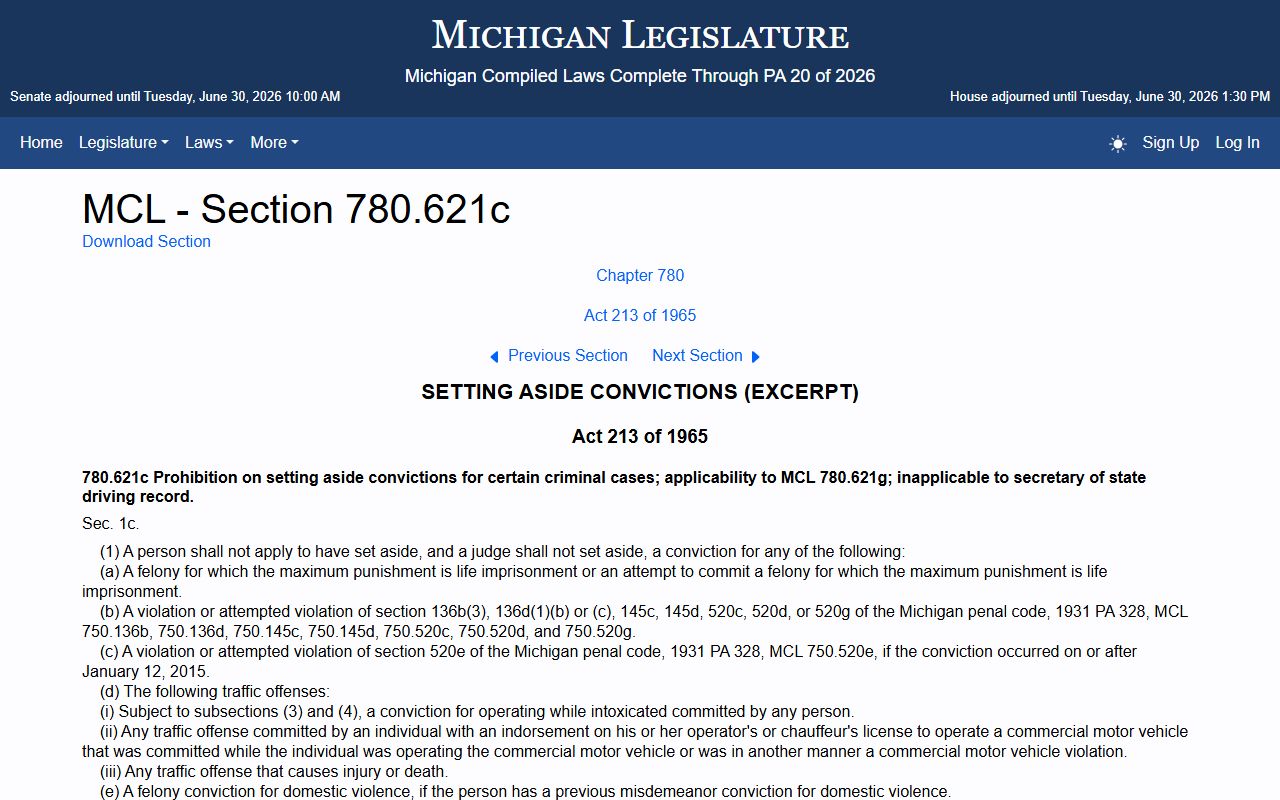 Michigan set-aside statute section 621c for Genesee County criminal records
