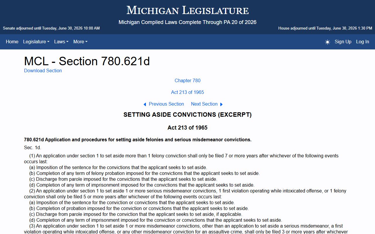 Michigan set-aside statute section 621d for Genesee County criminal records