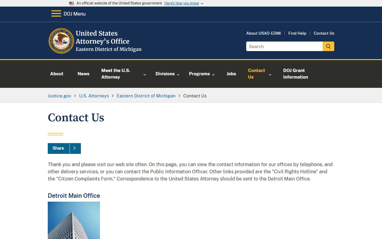 U.S. Attorney Eastern District contact page for Genesee County criminal court records