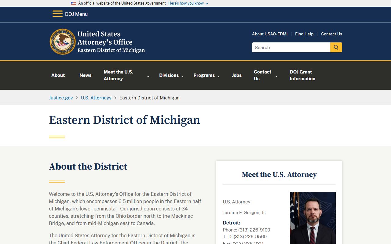 U.S. Attorney Eastern District of Michigan page for Genesee County criminal court records