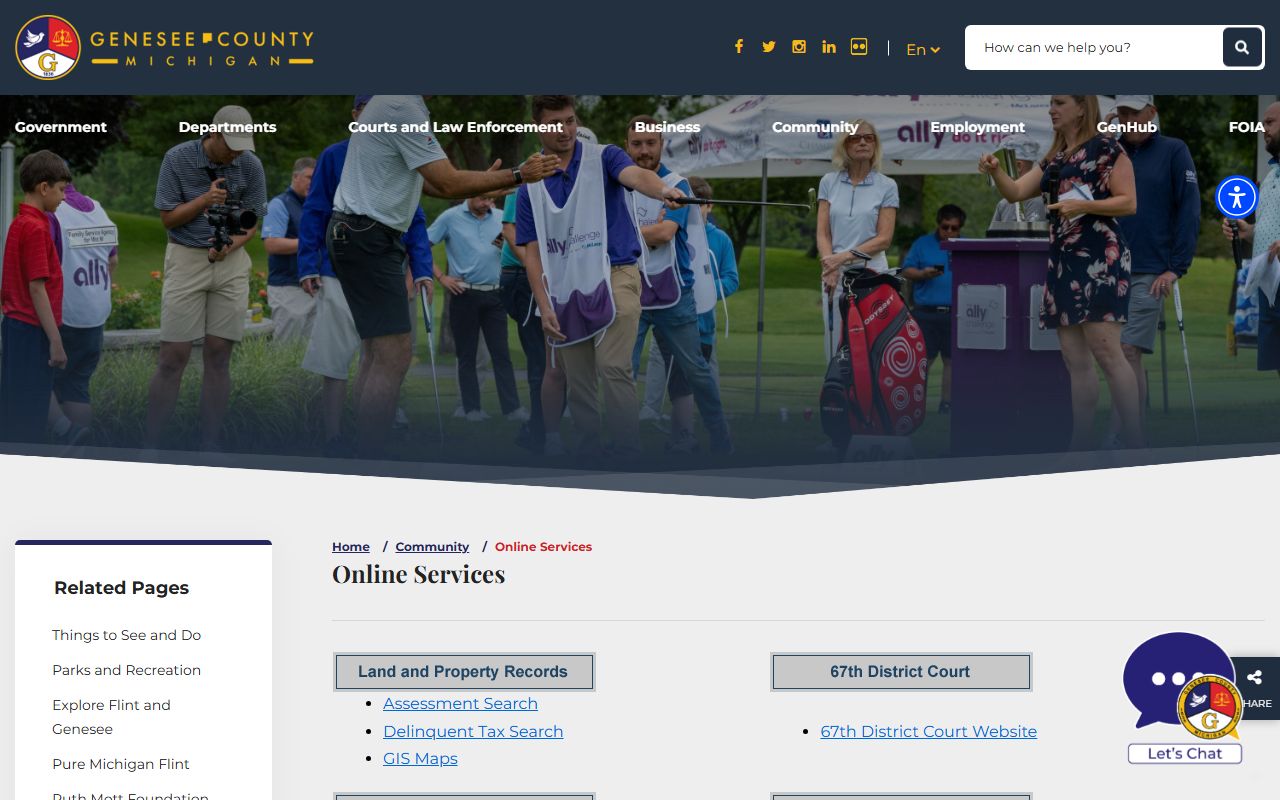 Genesee County online services page linking to court record portals