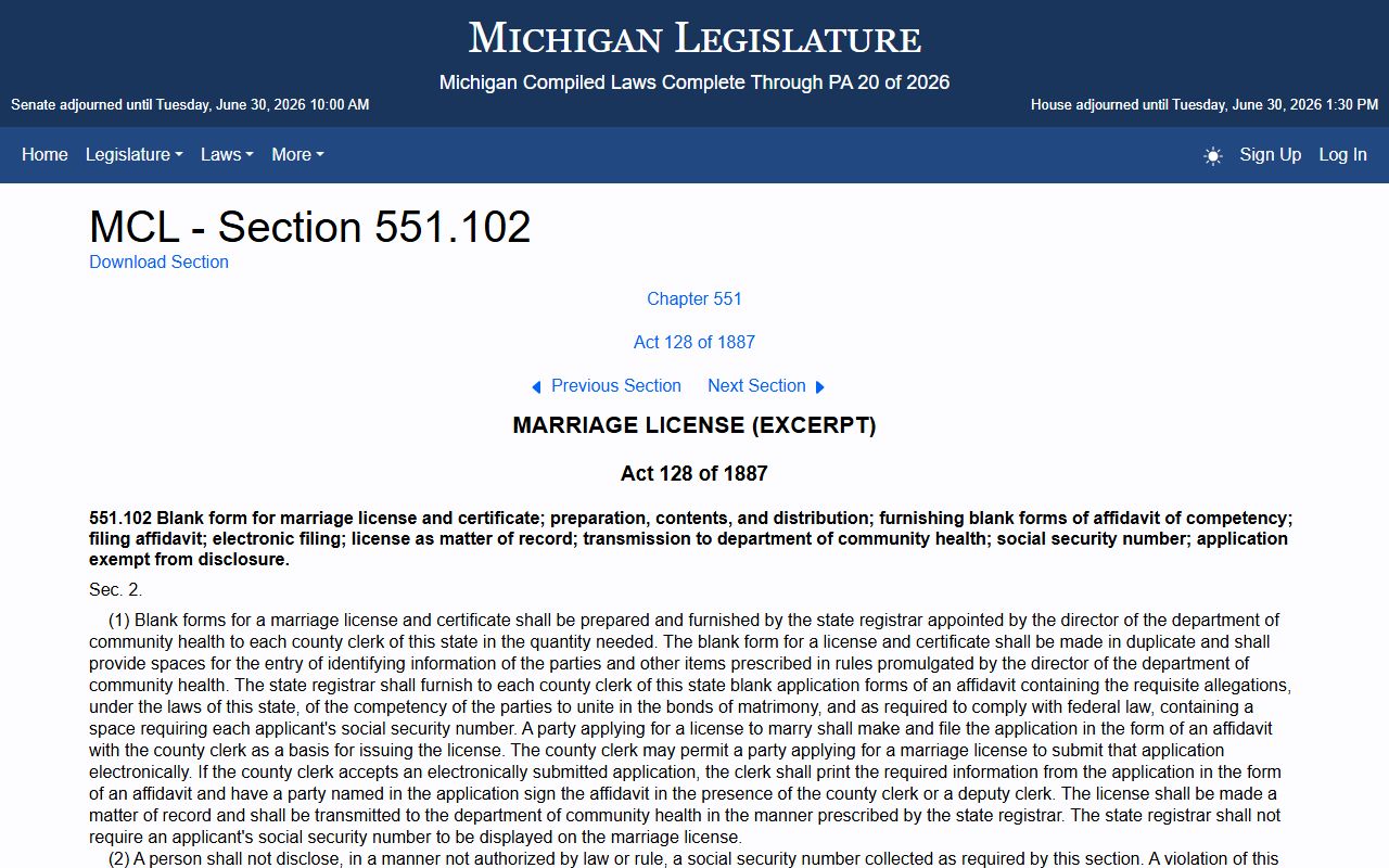 Genesee County marriage records Social Security application statute