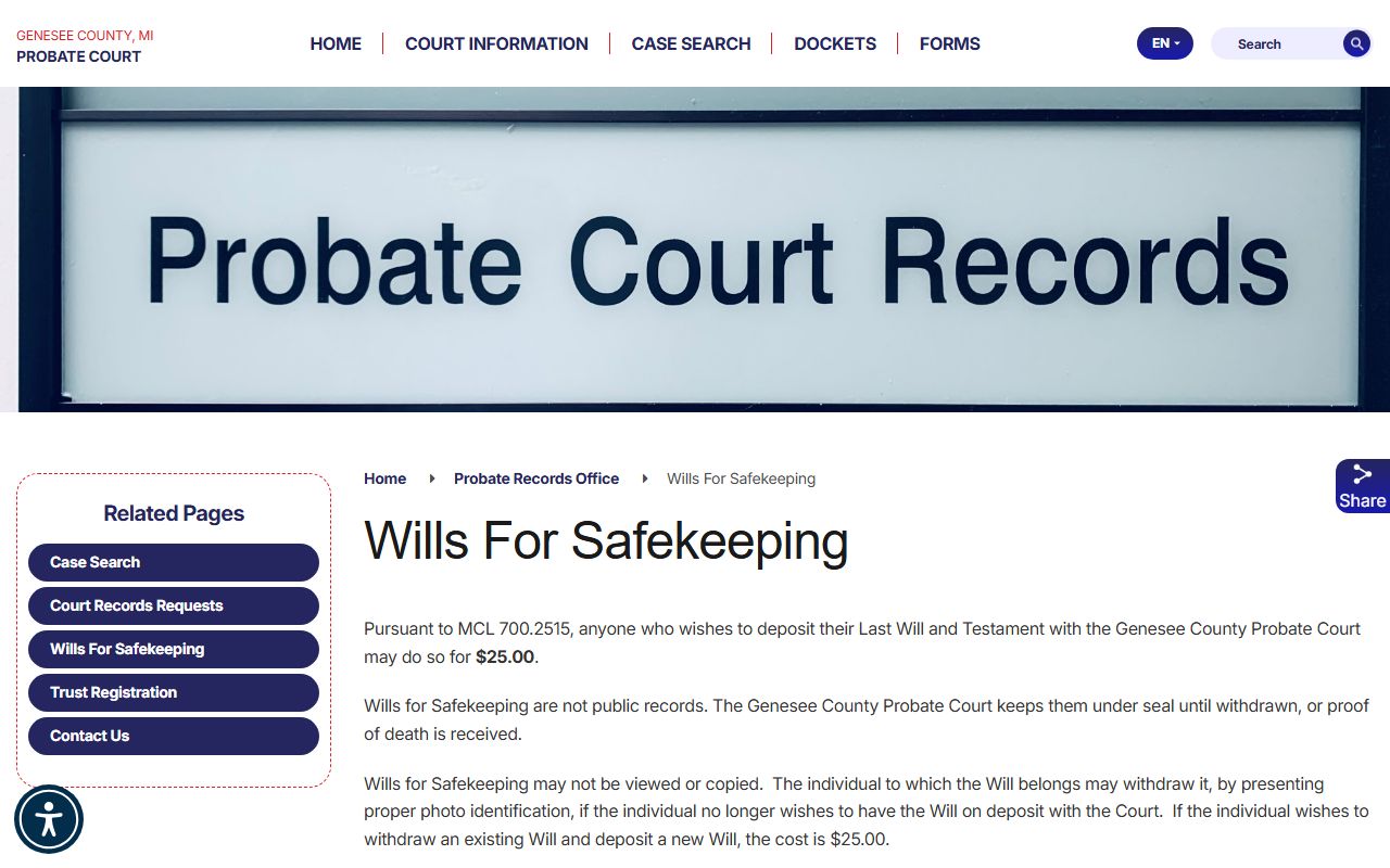 Genesee County probate records wills for safekeeping page