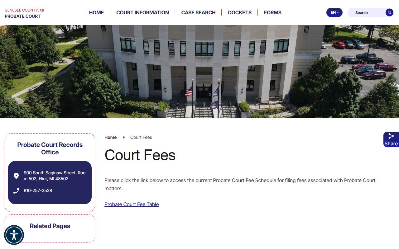 Genesee County probate records court fees page