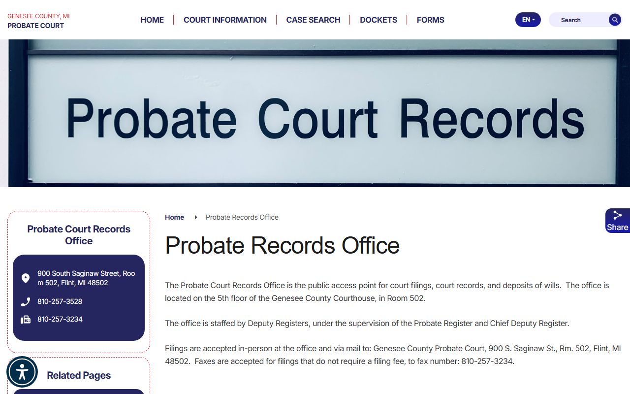 Genesee County probate records office landing page
