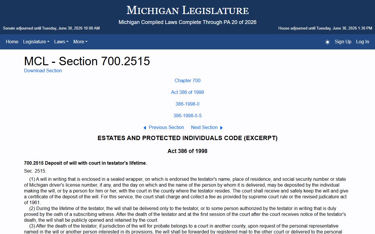 Genesee County probate records will safekeeping statute