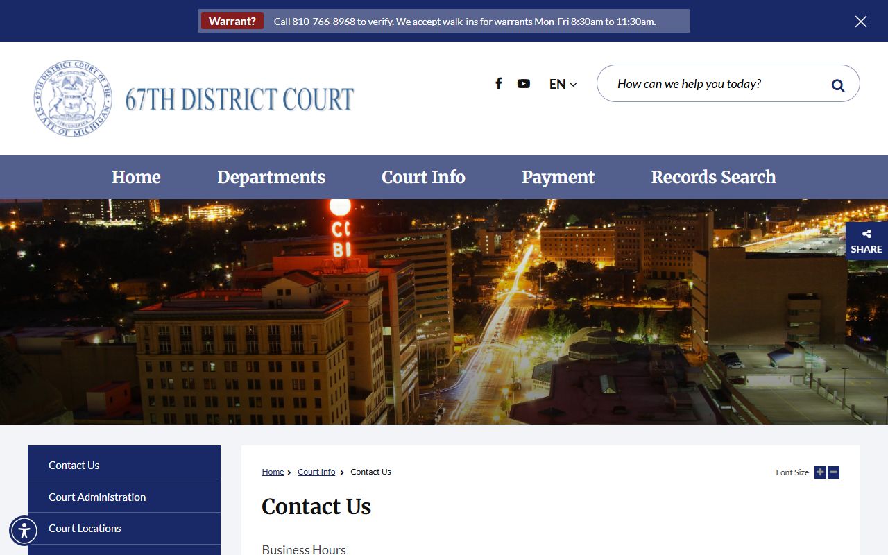 Genesee County traffic court records 67th District Court contact and hours page