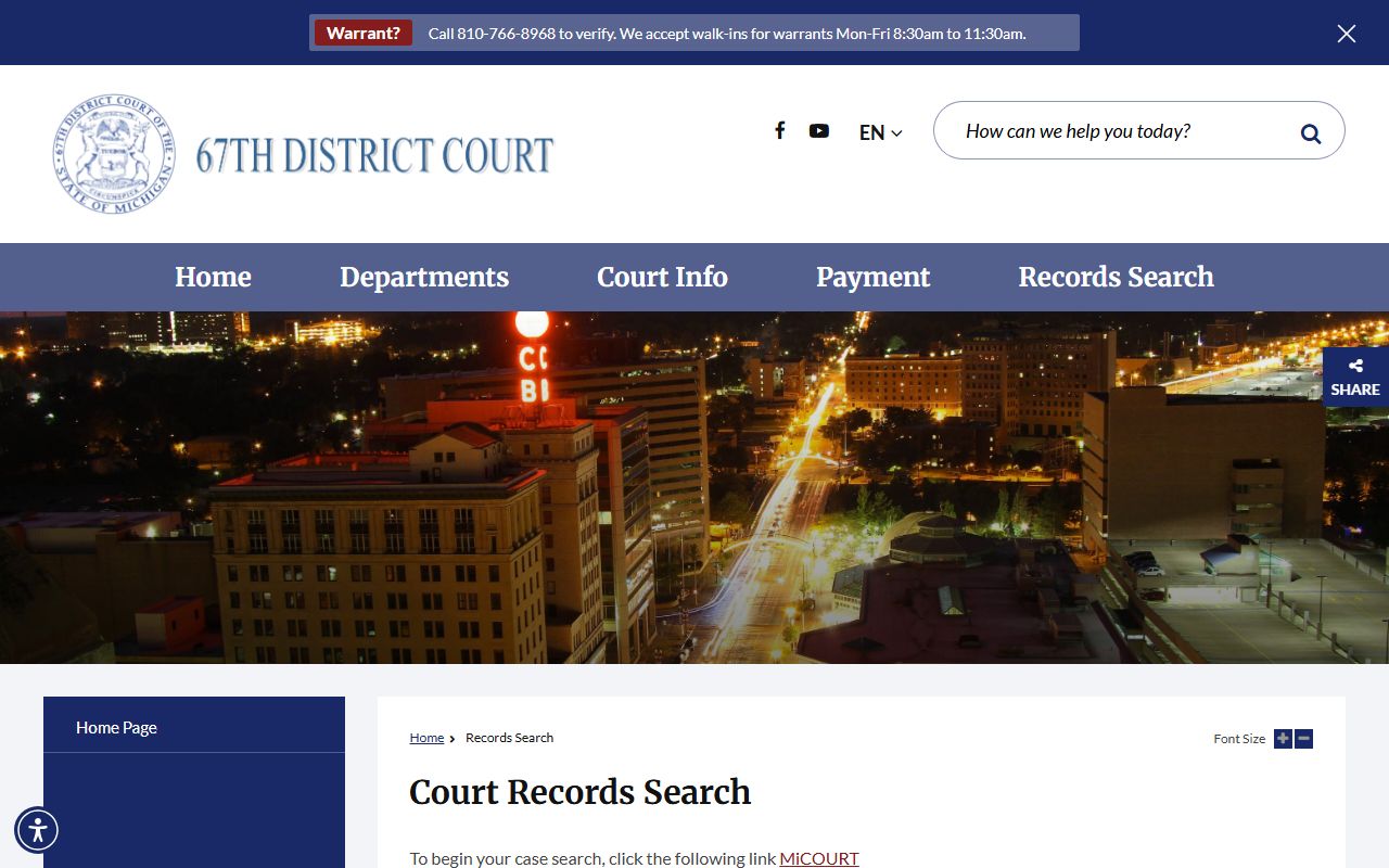 Genesee County traffic court records 67th District Court records search page